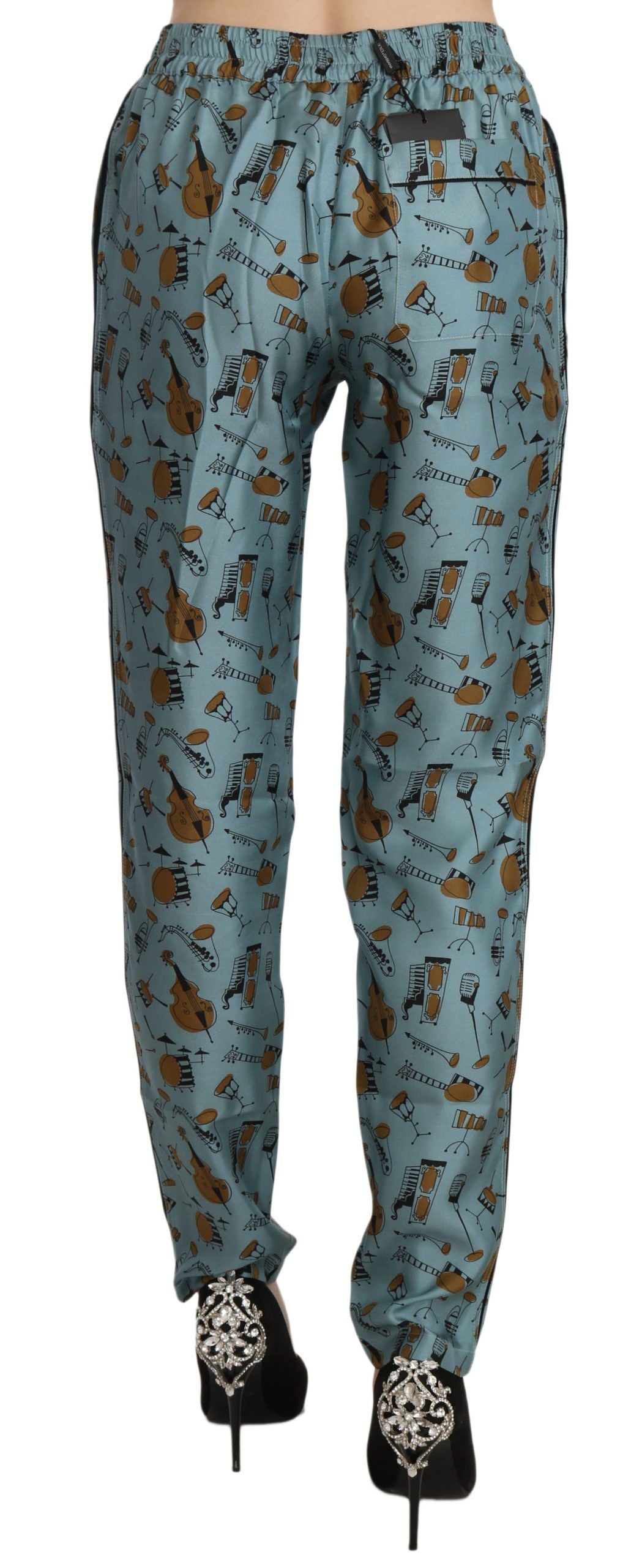 Hoge taille taps toelopende zijden broek in blauwe print