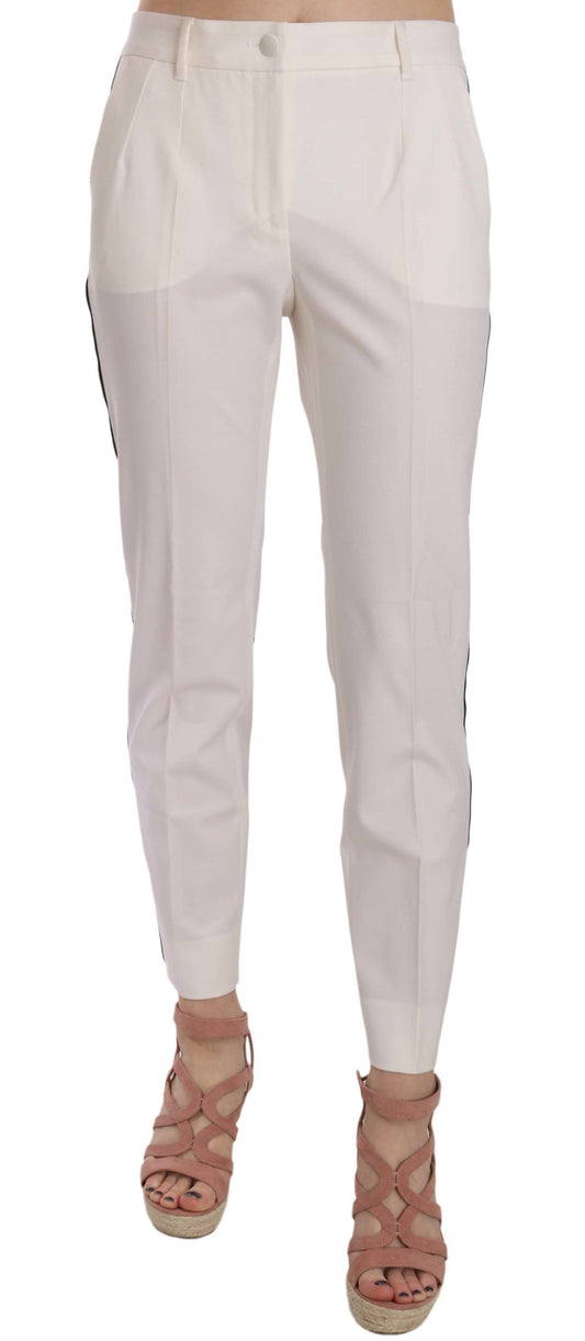 Elegante witte gestreepte wollen taps toelopende broek