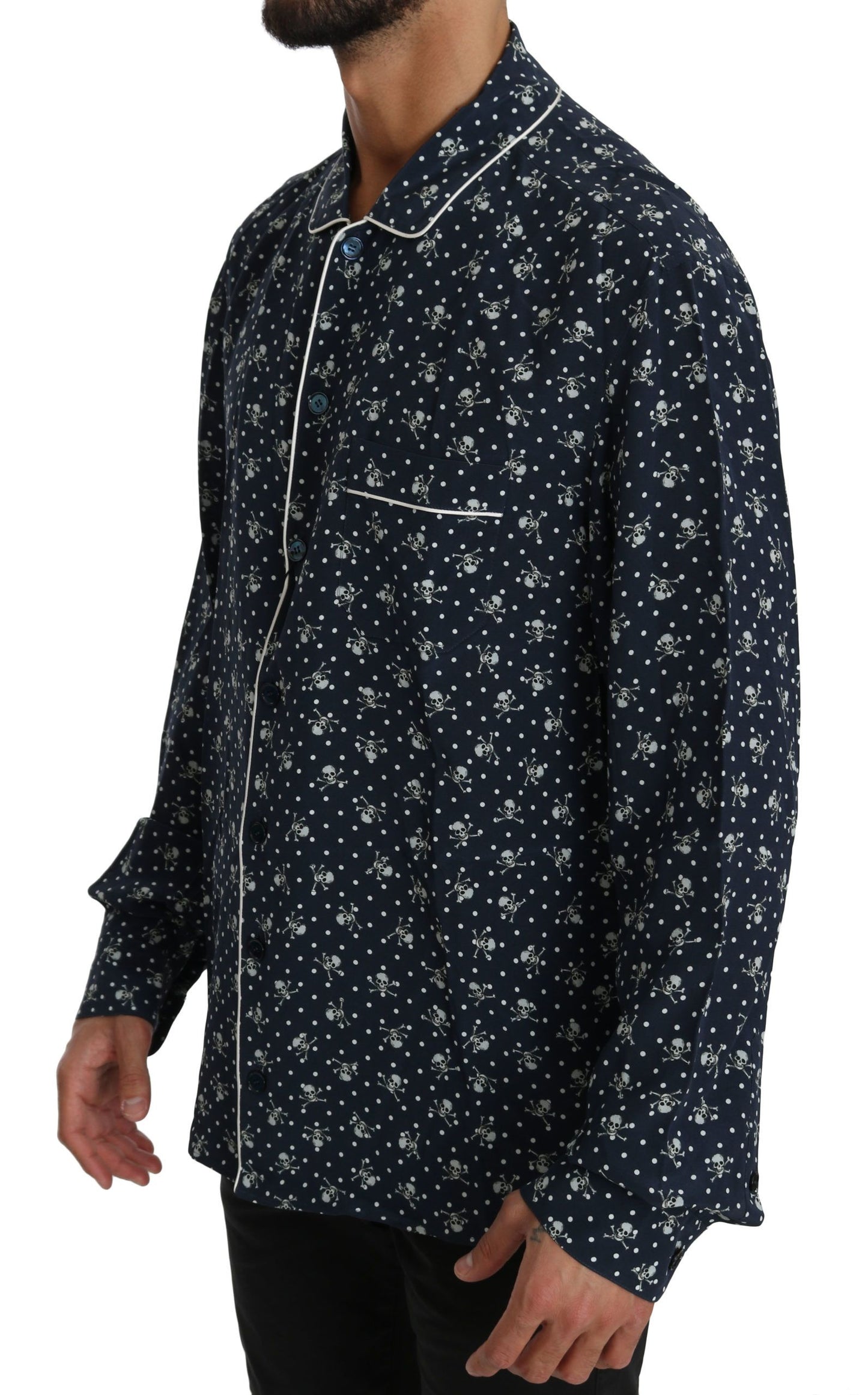 Zijden elegantie: blauw schedelprint loungeshirt