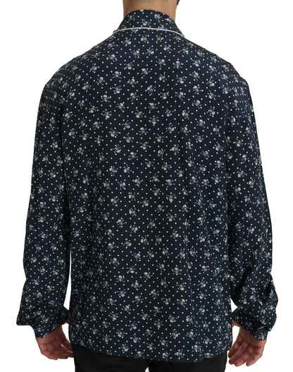 Zijden elegantie: blauw schedelprint loungeshirt