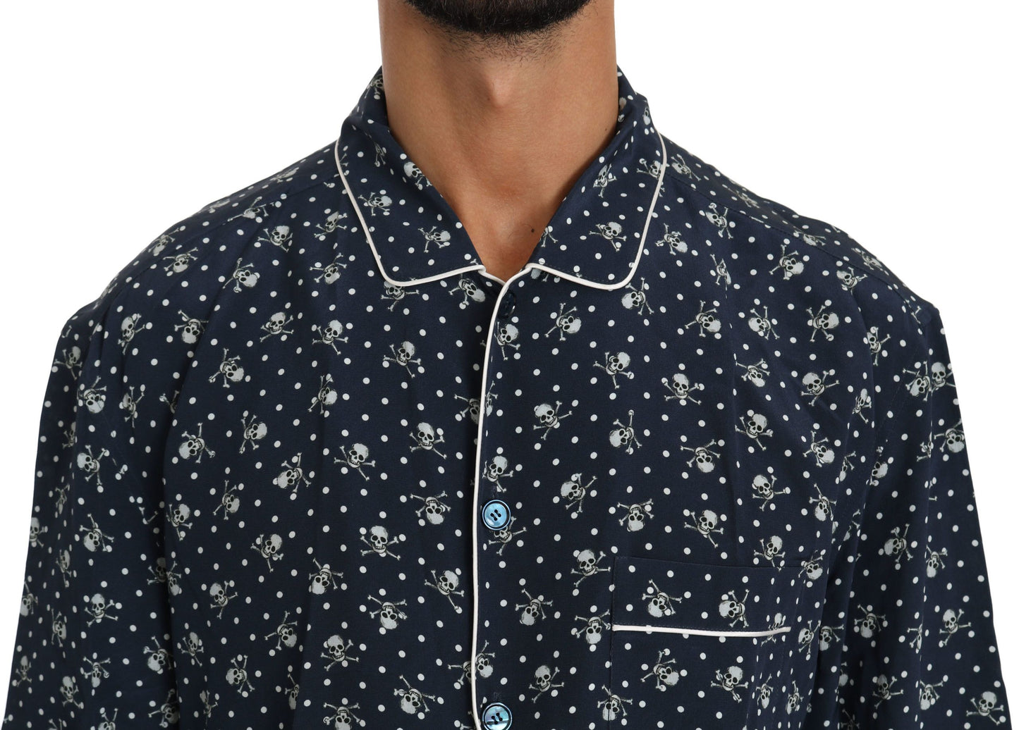 Zijden elegantie: blauw schedelprint loungeshirt