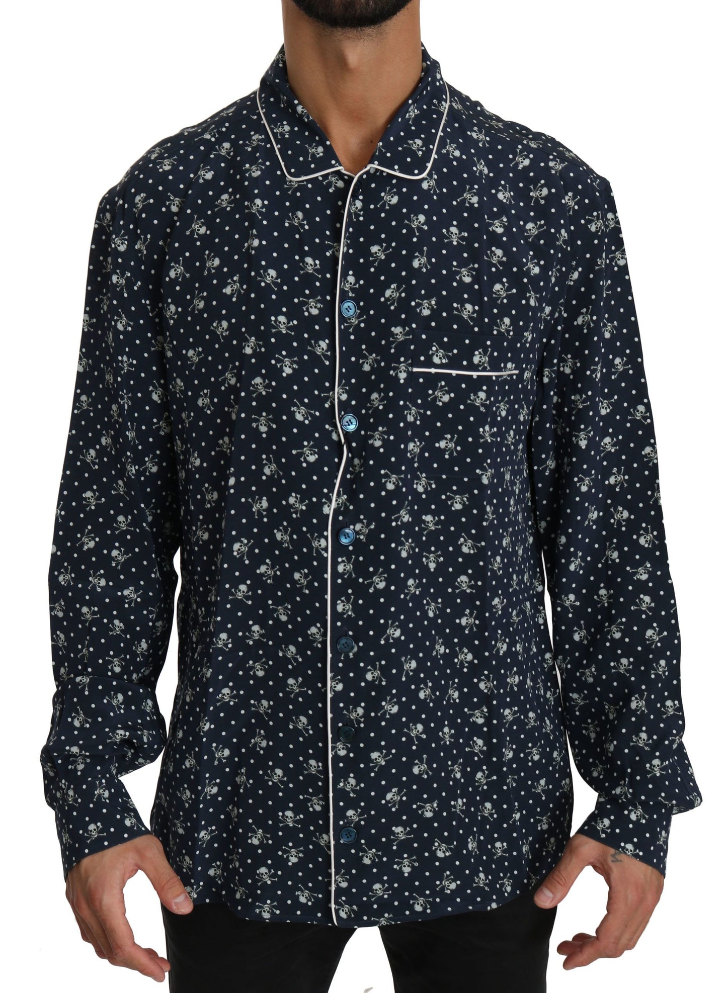 Zijden elegantie: blauw schedelprint loungeshirt