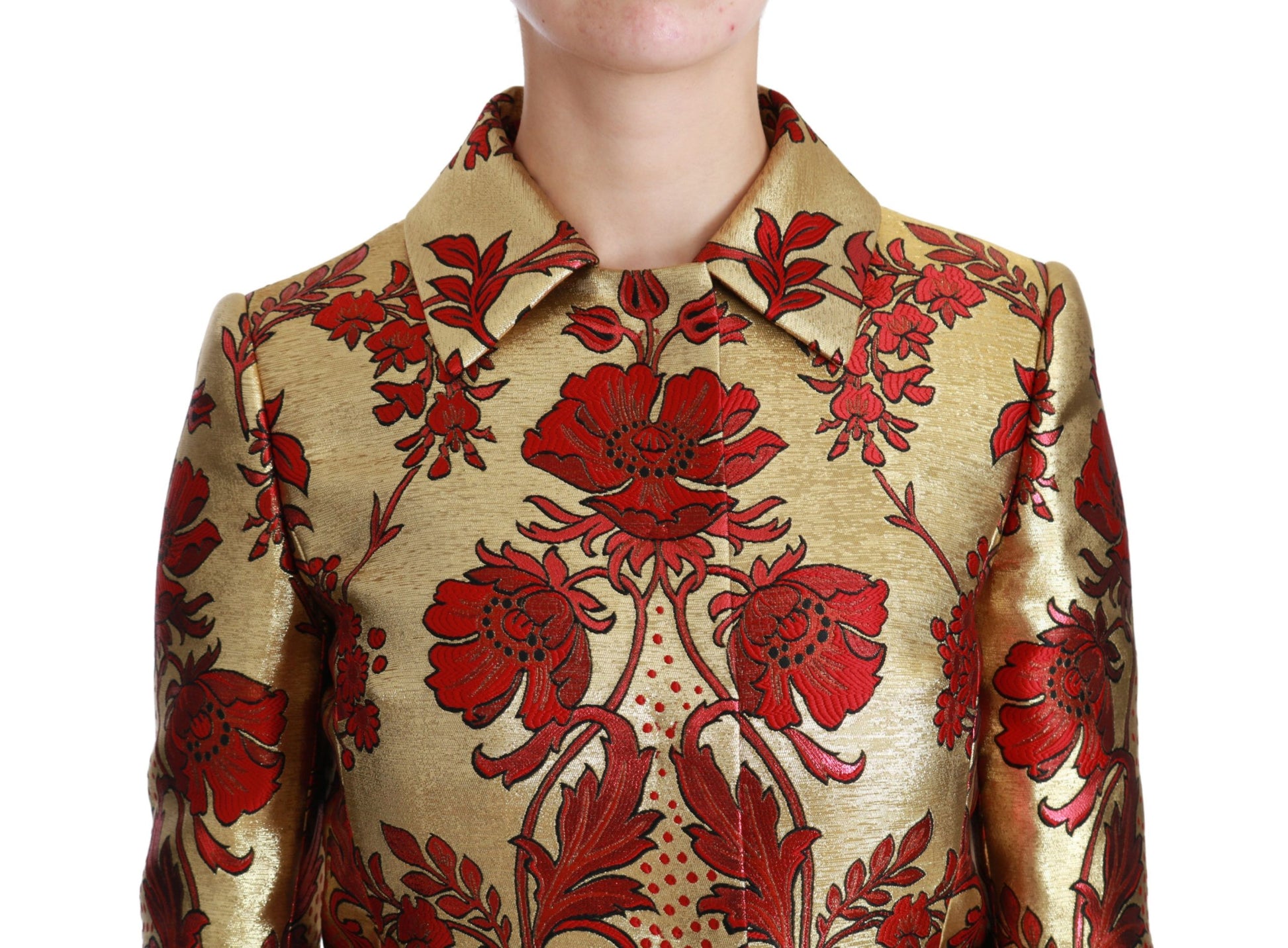 Elegante gouden bloemenbrokaat trenchcoat