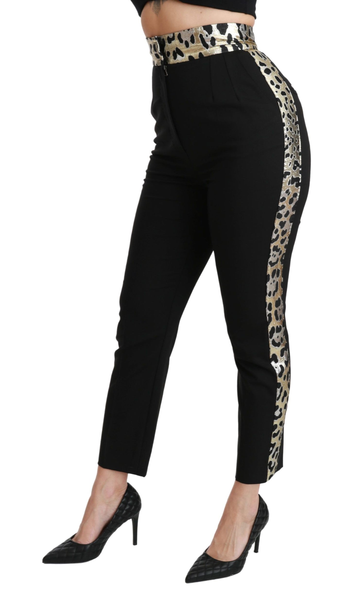 Goudkleurige luipaard jacquard hoge taille broek