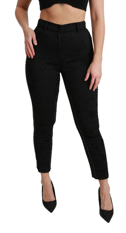 Elegante hoge taille skinny zwarte brokaat broek