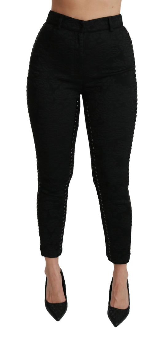 Elegante hoge taille skinny zwarte brokaat broek