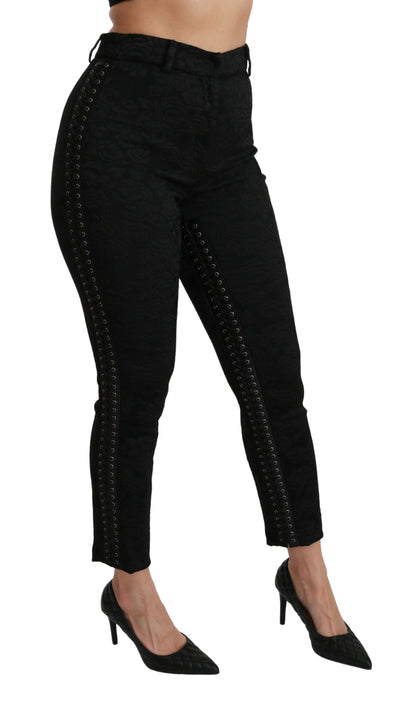 Elegante hoge taille skinny zwarte brokaat broek