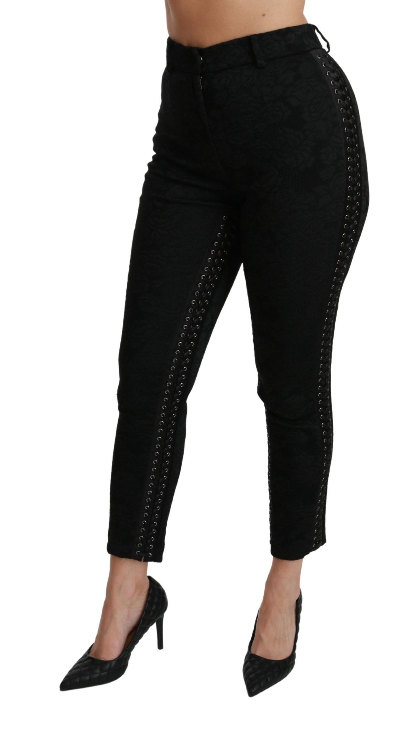 Elegante hoge taille skinny zwarte brokaat broek