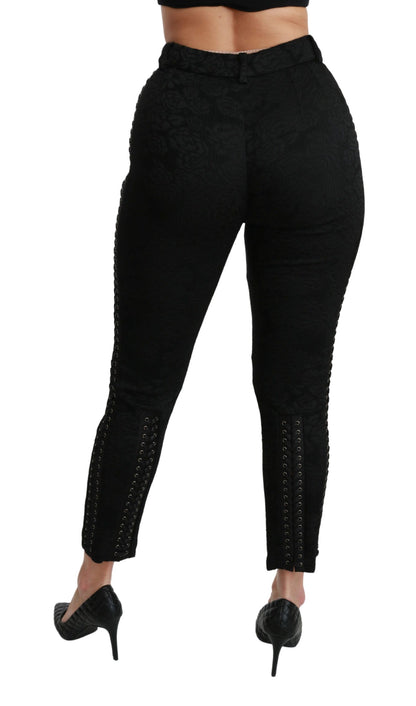 Elegante hoge taille skinny zwarte brokaat broek