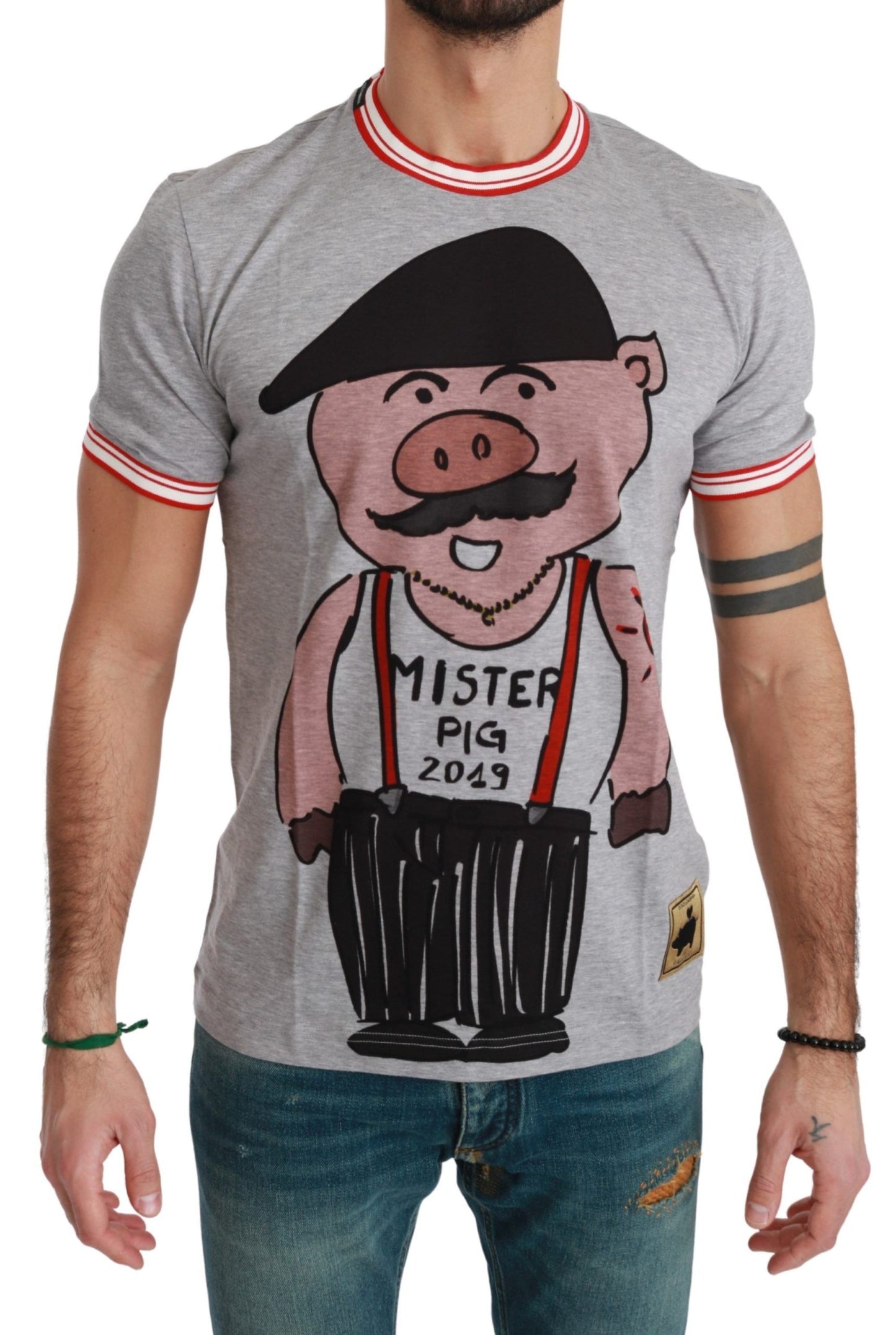 Chic grijs katoenen T-shirt met motief van het jaar van het varken