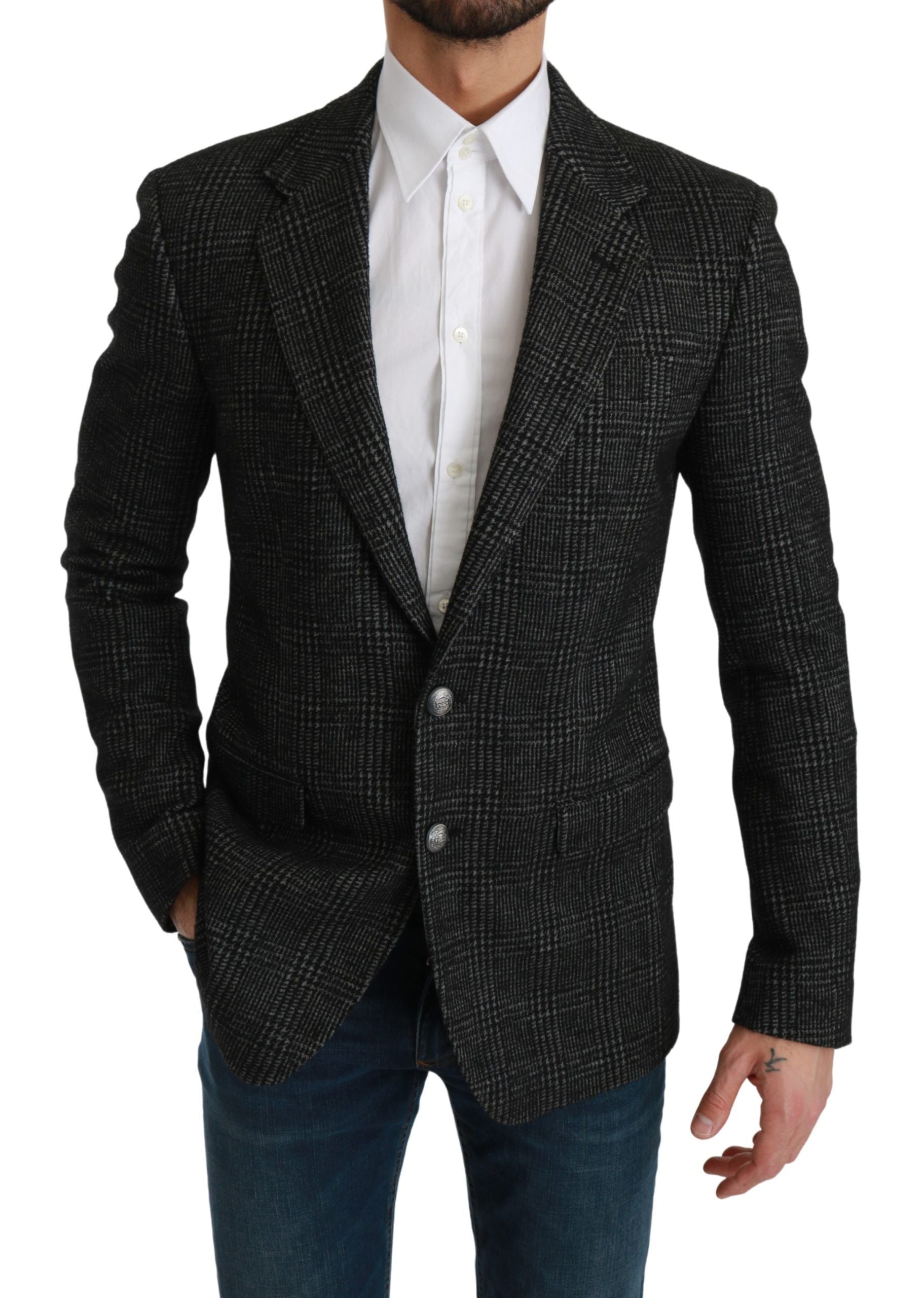 Elegante grijze geruite slim fit blazer