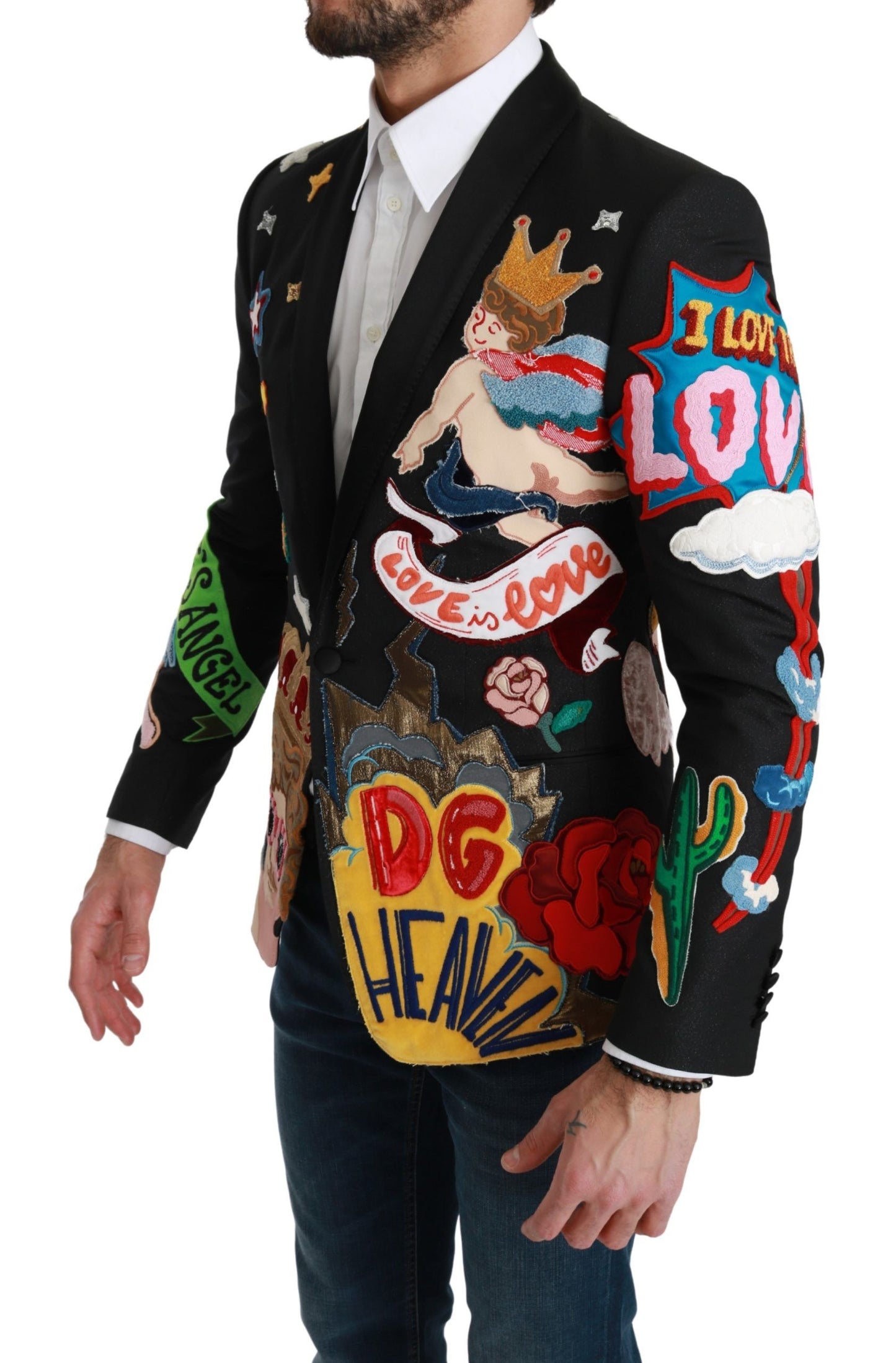 Chic Black Multicolor Motif Slim Fit Blazer