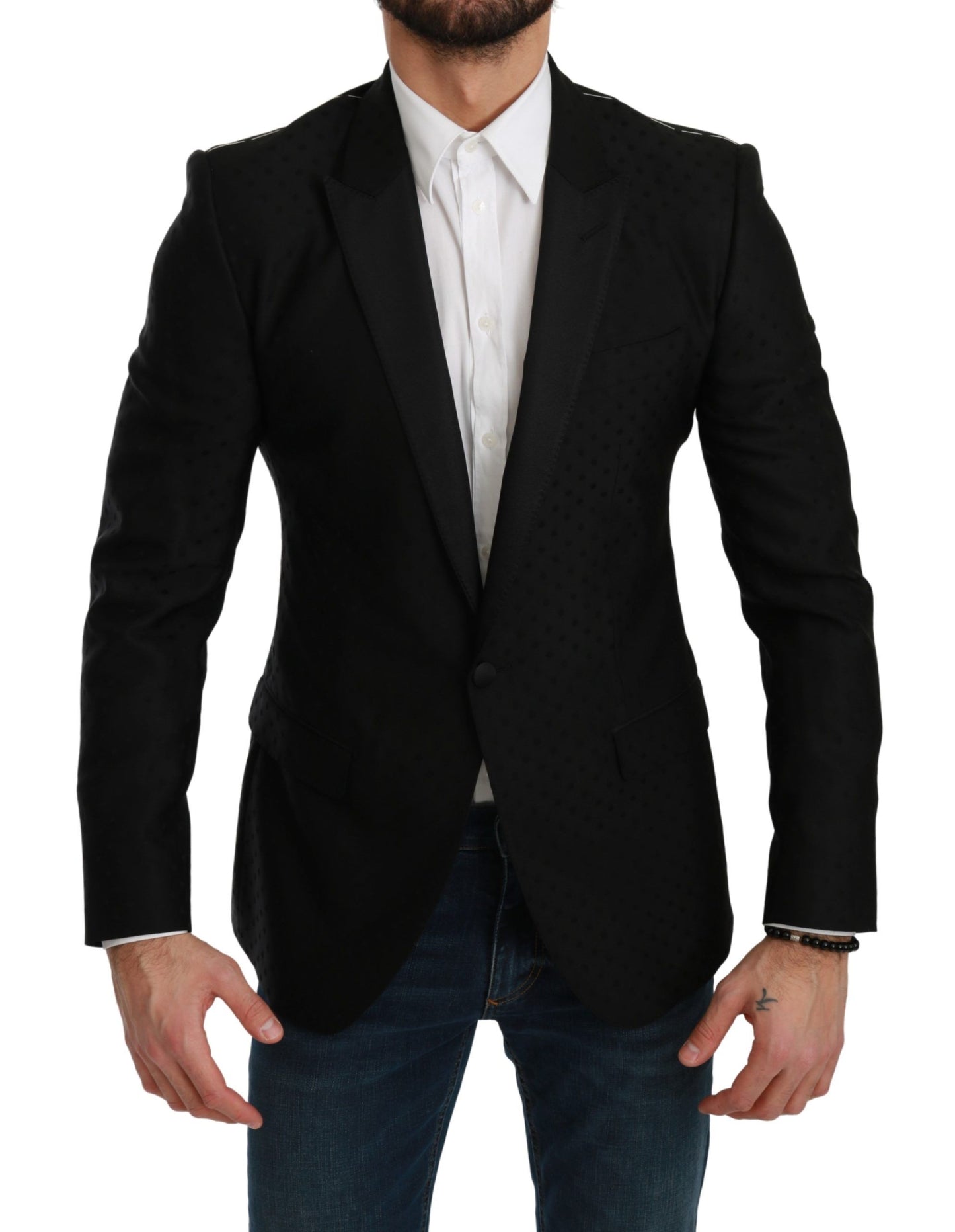 Elegante zwarte wolmix blazer met stippen