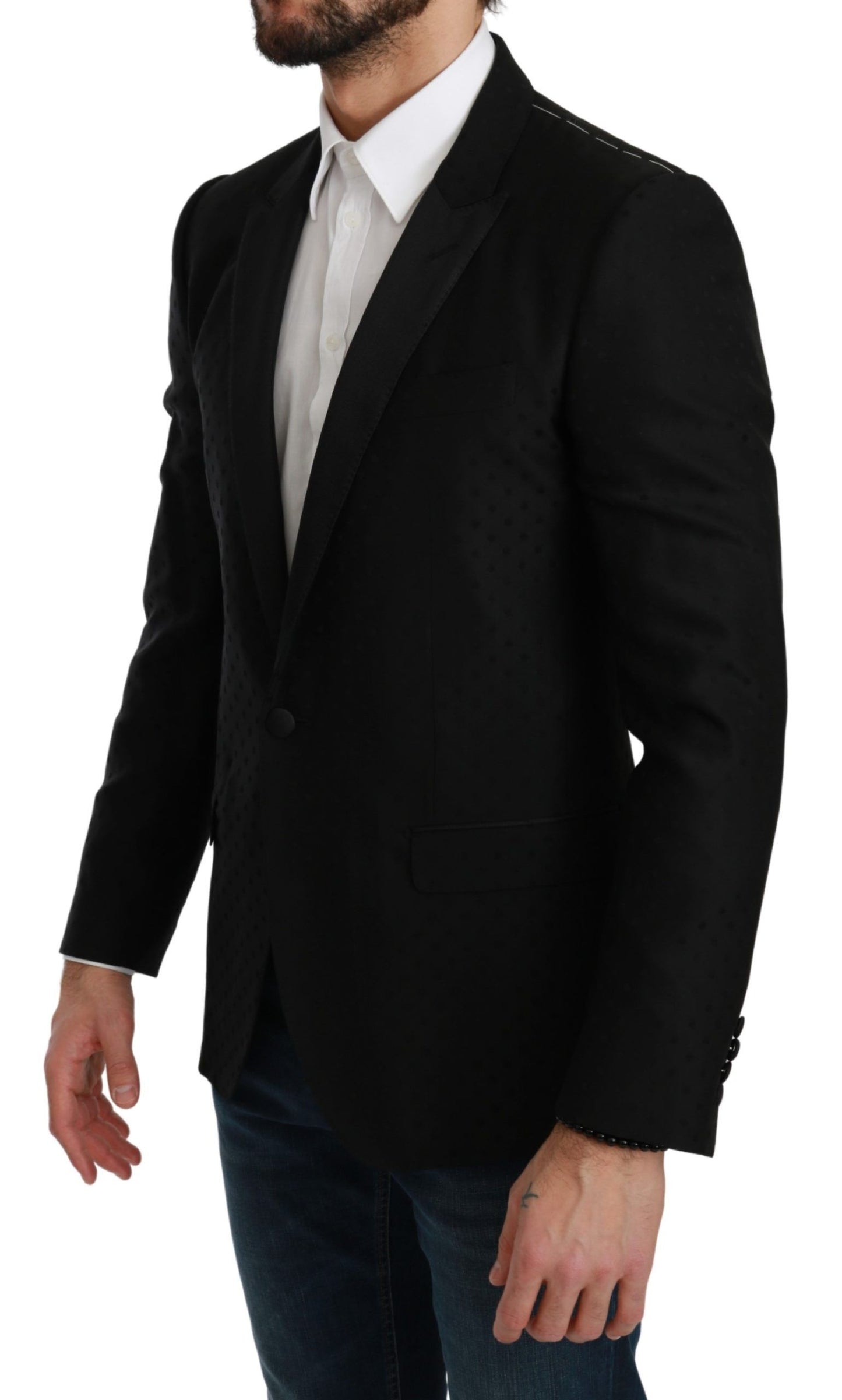 Elegante zwarte wolmix blazer met stippen