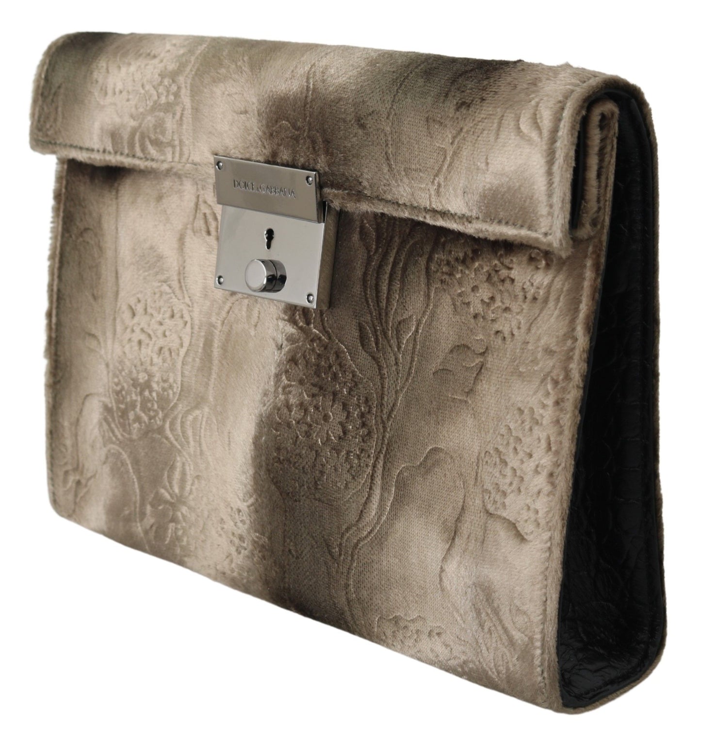 Beige fluwelen croco-print leren aktetas clutch