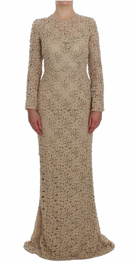 Beige bloemenkant lange mouwen maxi-jurk