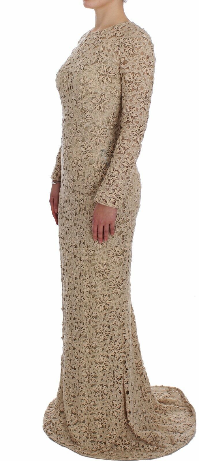 Beige bloemenkant lange mouwen maxi-jurk