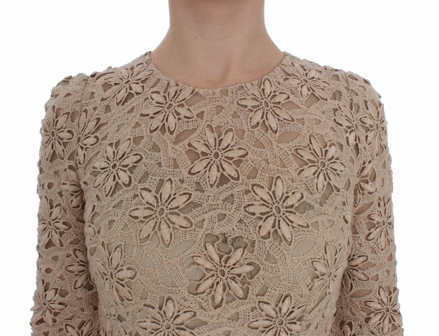 Beige bloemenkant lange mouwen maxi-jurk