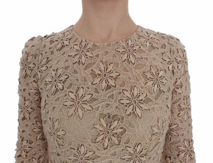 Beige bloemenkant lange mouwen maxi-jurk