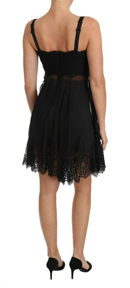 Elegant Black Silk Floral Lace Chemise Dress