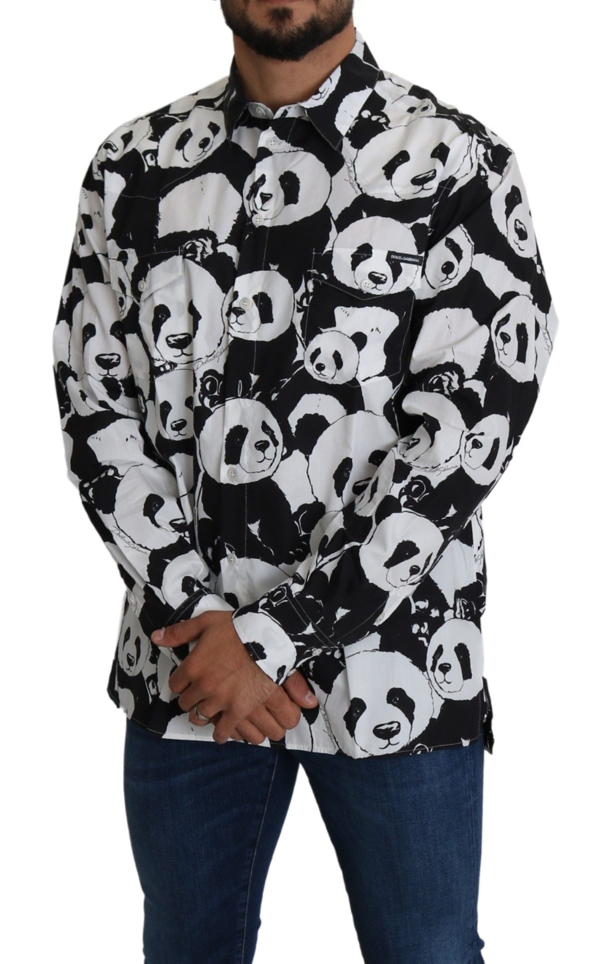 Panda Print Puur Katoenen Shirt - Zwart Wit