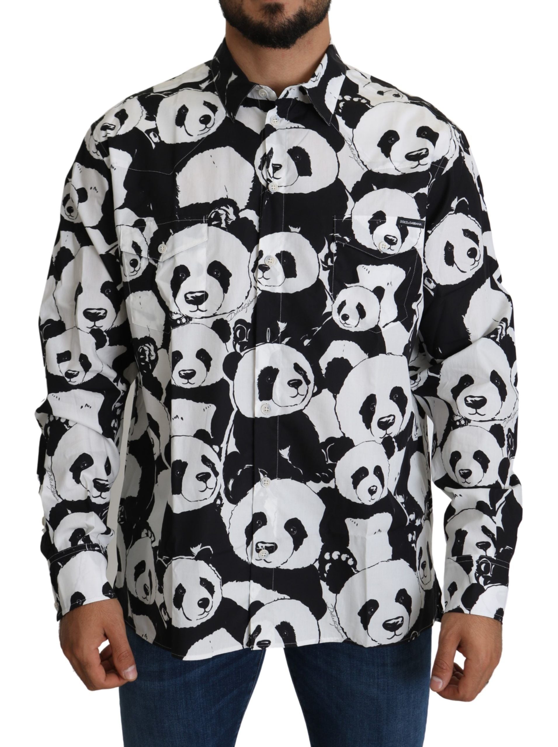 Panda Print Puur Katoenen Shirt - Zwart Wit