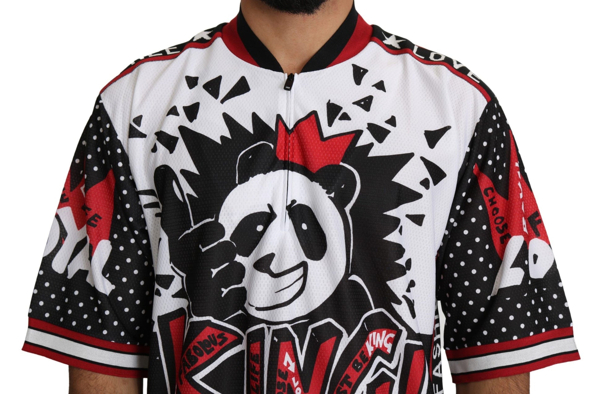 Chic wit King Panda print T-shirt met ritskraag