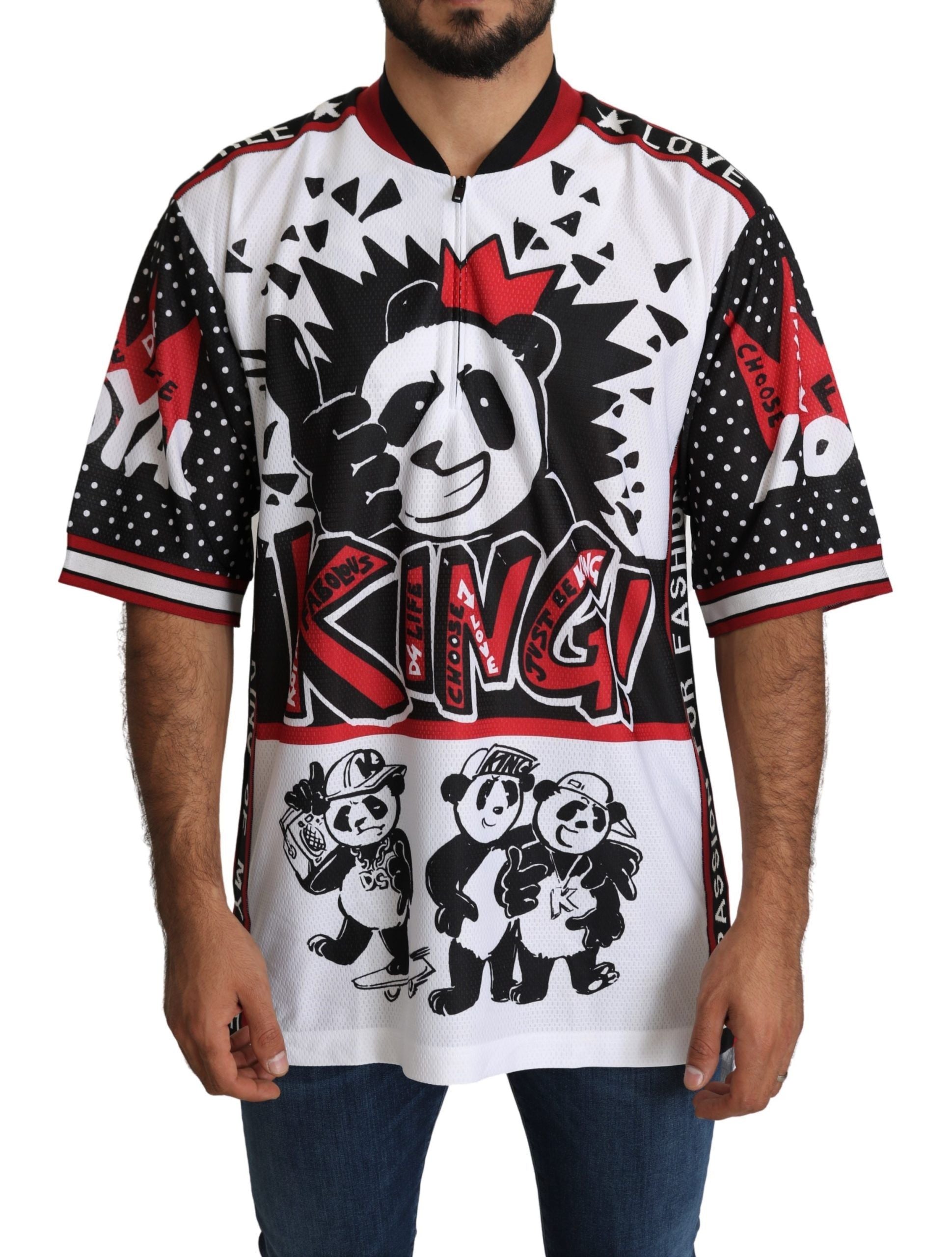 Chic wit King Panda print T-shirt met ritskraag