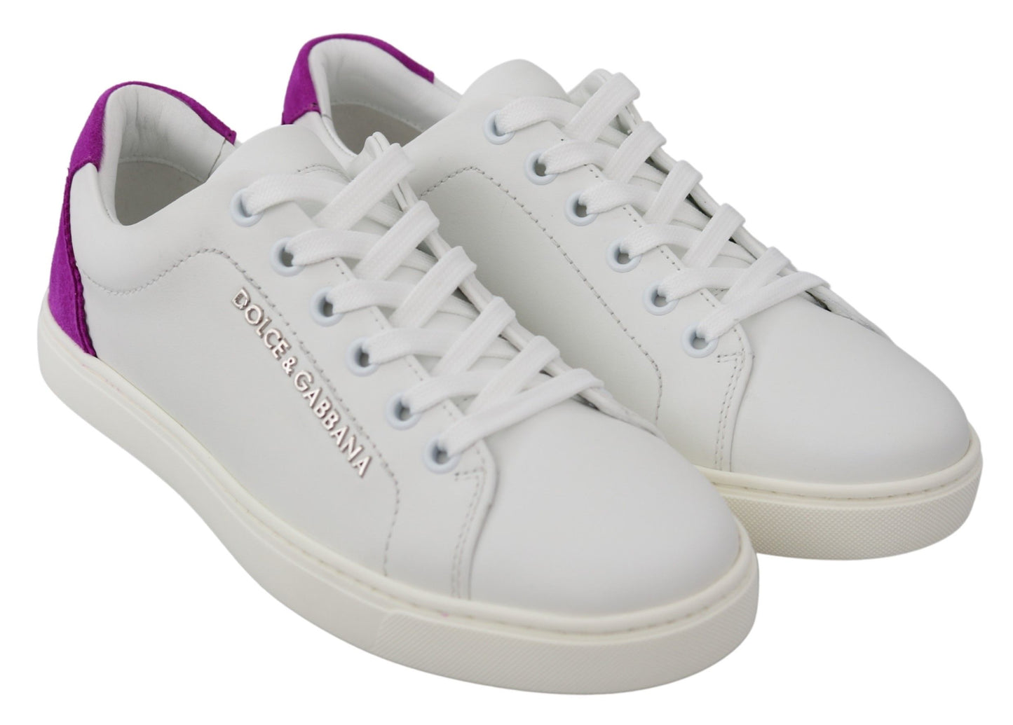 Chique witte leren sneakers met paarse accenten