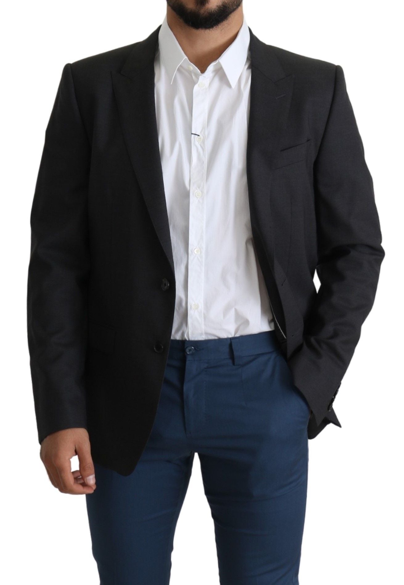 Elegante grijze wollen zijdemix slim fit blazer