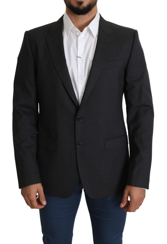 Elegante grijze wollen zijdemix slim fit blazer