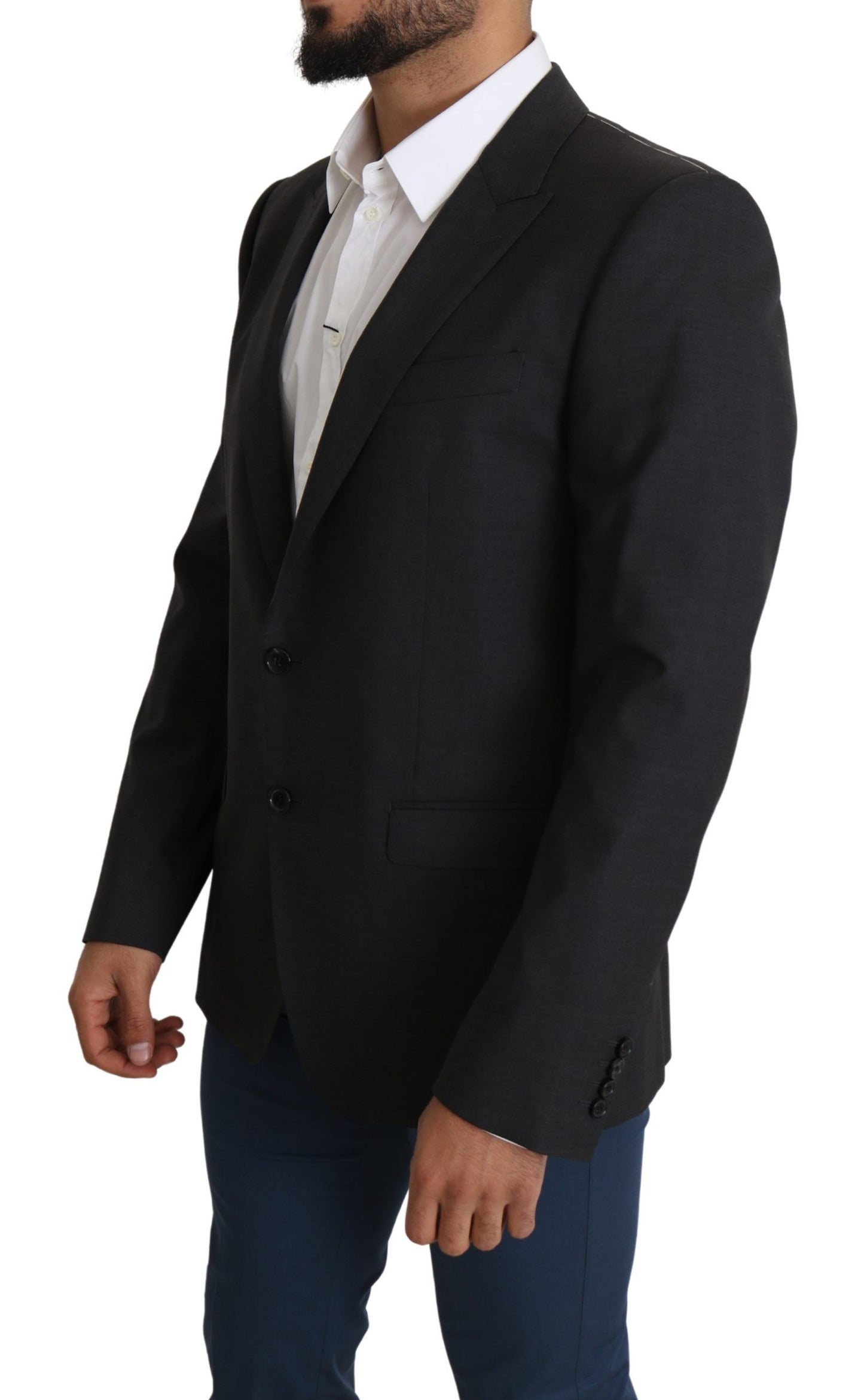 Elegante grijze wollen zijdemix slim fit blazer