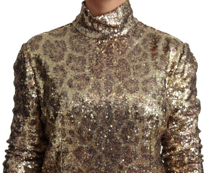 Sequined Turtleneck Full Zip Sweater in Brown