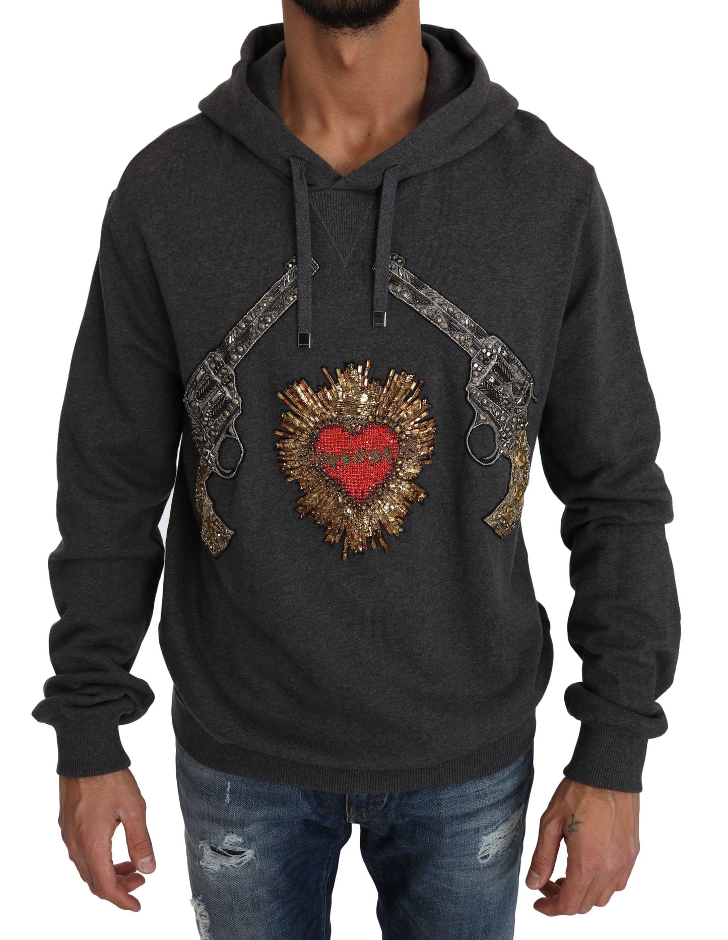 Gray Crystal Heart Gun Motif Sweater