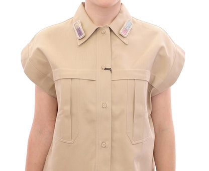 Mouwloos beige katoenen tanktopje met broches