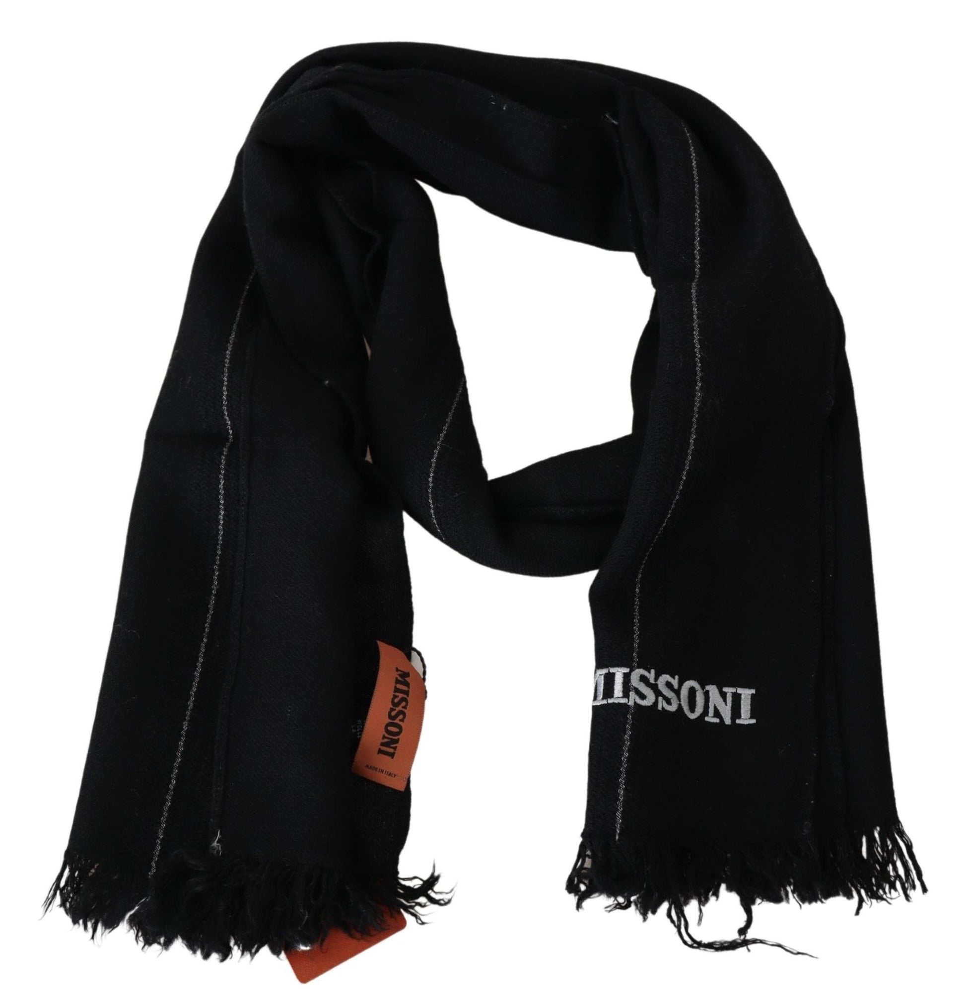 Elegant Black Wool Scarf with Logo Embroidery