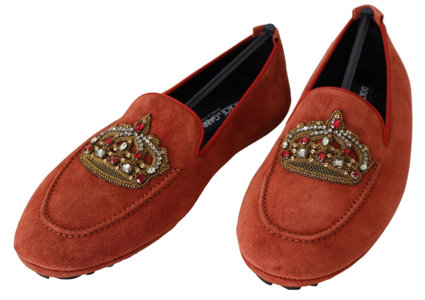 Weelderige oranje leren loafers met gouden borduursels