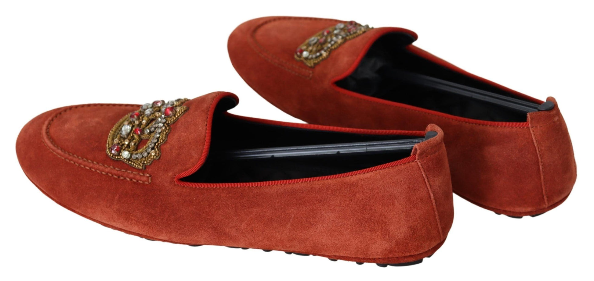 Weelderige oranje leren loafers met gouden borduursels