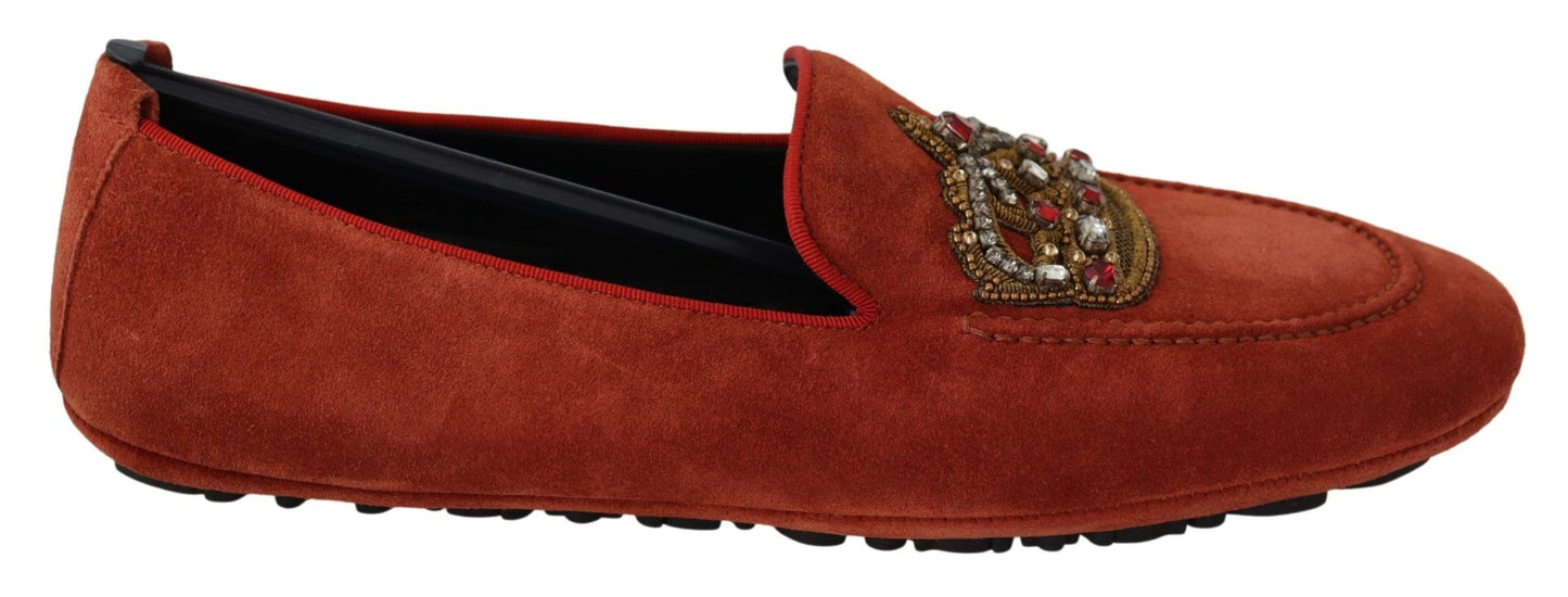 Weelderige oranje leren loafers met gouden borduursels