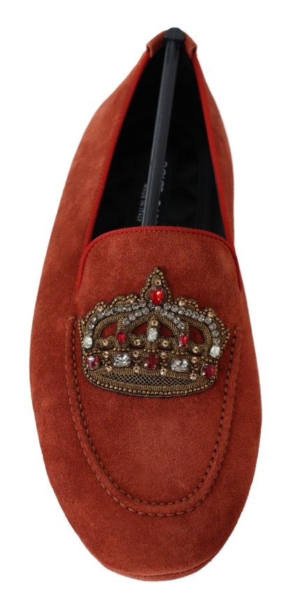 Weelderige oranje leren loafers met gouden borduursels