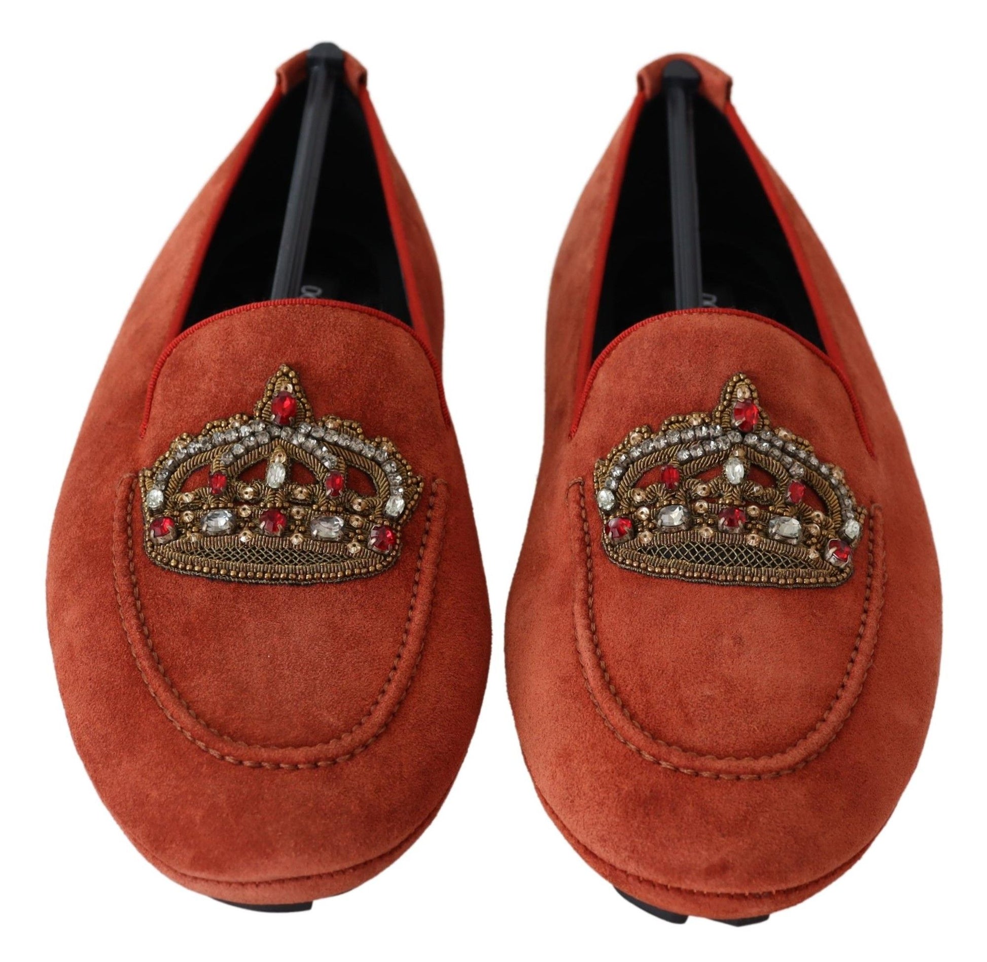 Weelderige oranje leren loafers met gouden borduursels