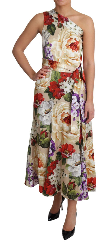 Elegante maxi-jurk van zijde met één schouder en bloemenprint