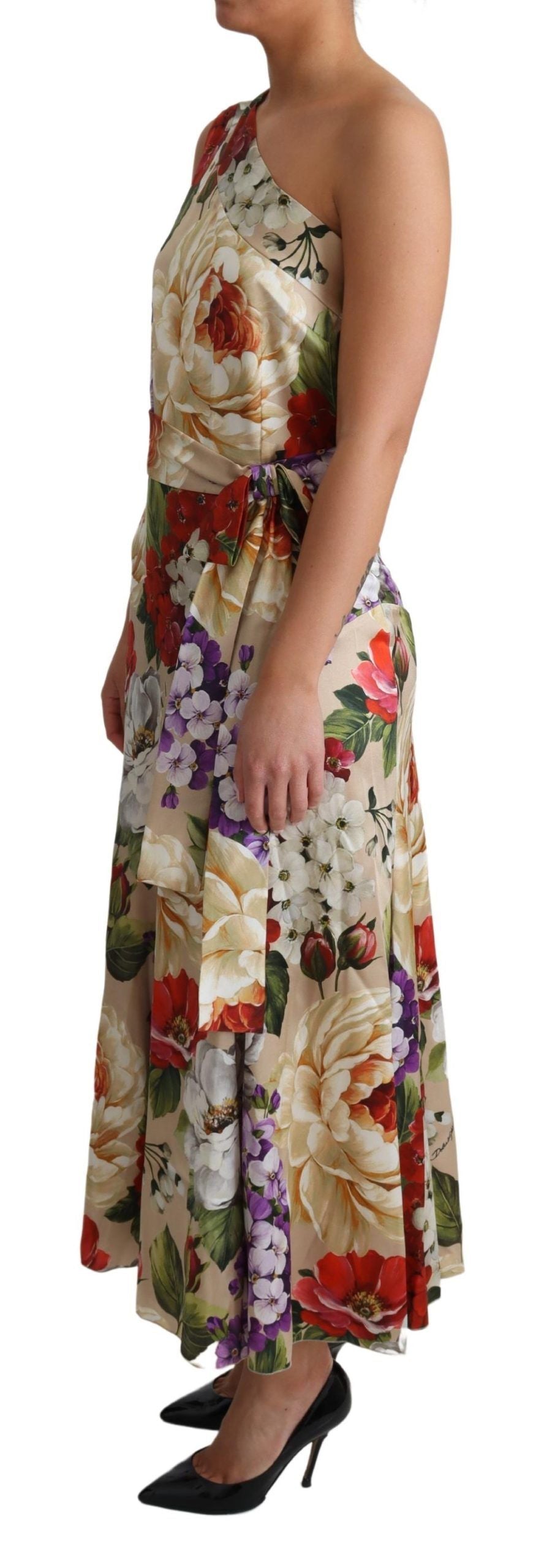 Elegante maxi-jurk van zijde met één schouder en bloemenprint