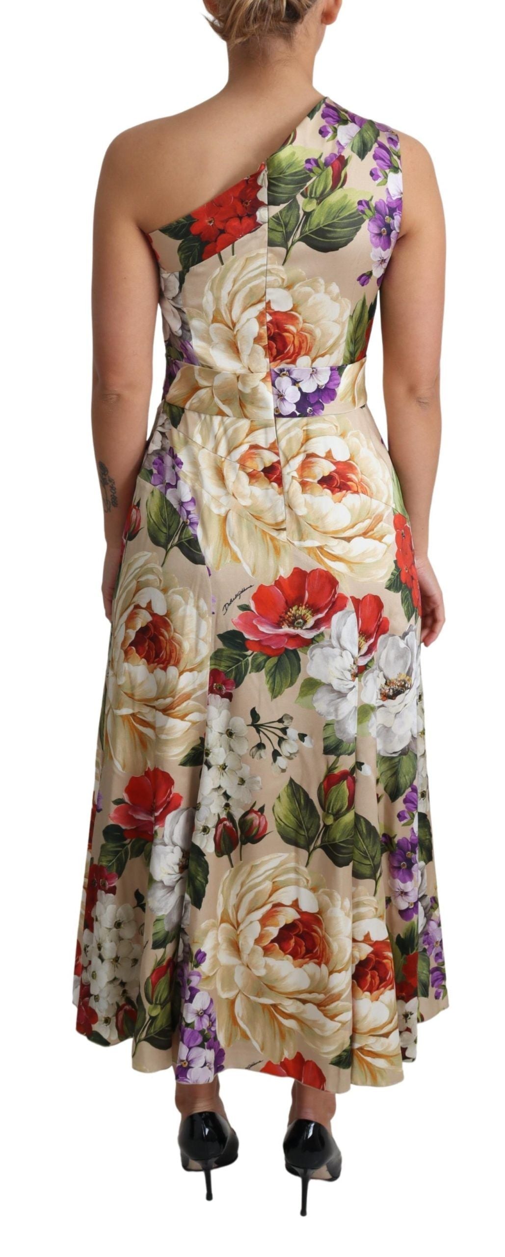 Elegante maxi-jurk van zijde met één schouder en bloemenprint