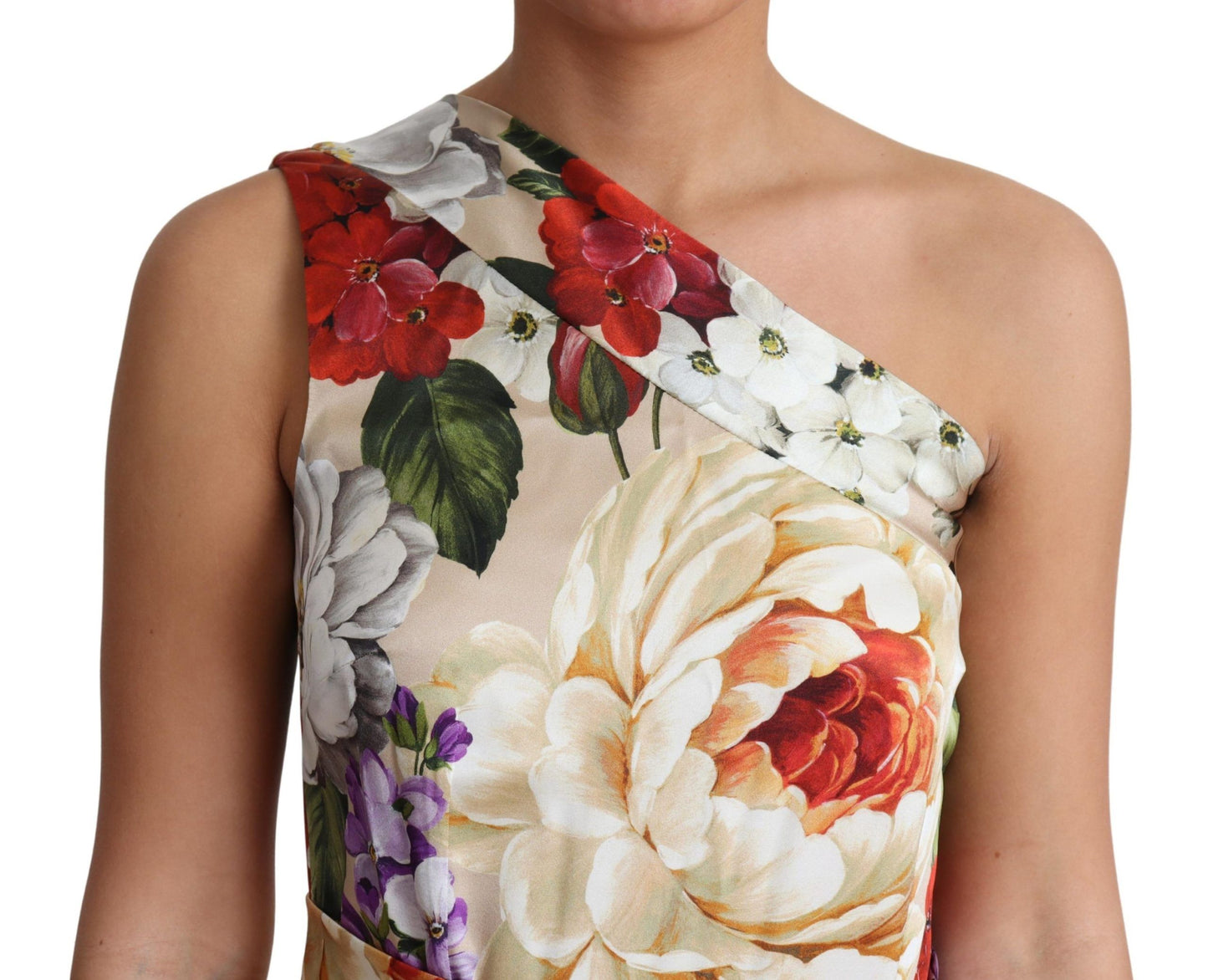 Elegante maxi-jurk van zijde met één schouder en bloemenprint