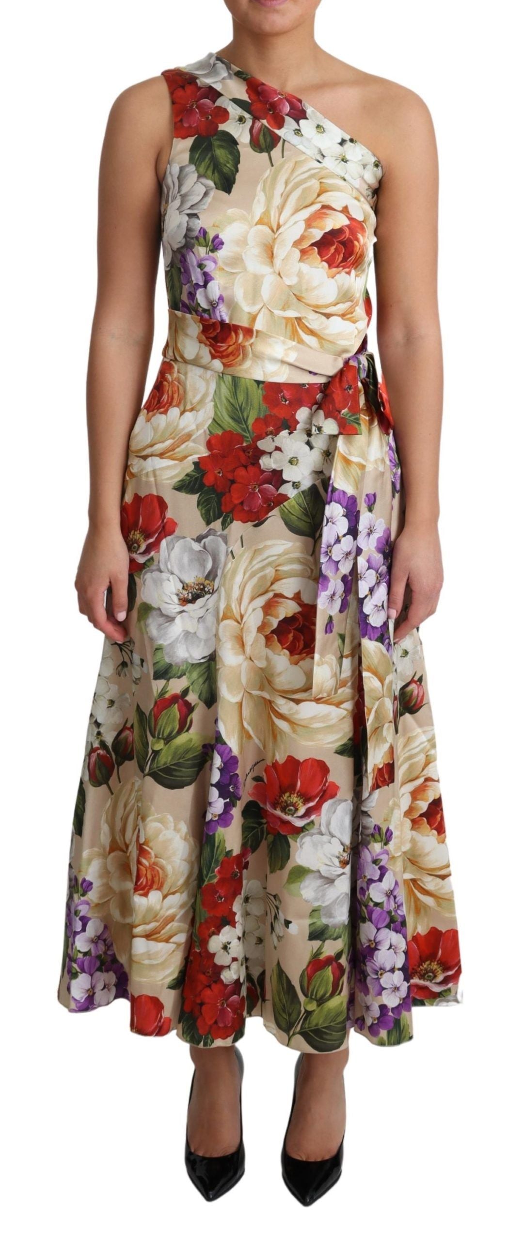 Elegante maxi-jurk van zijde met één schouder en bloemenprint