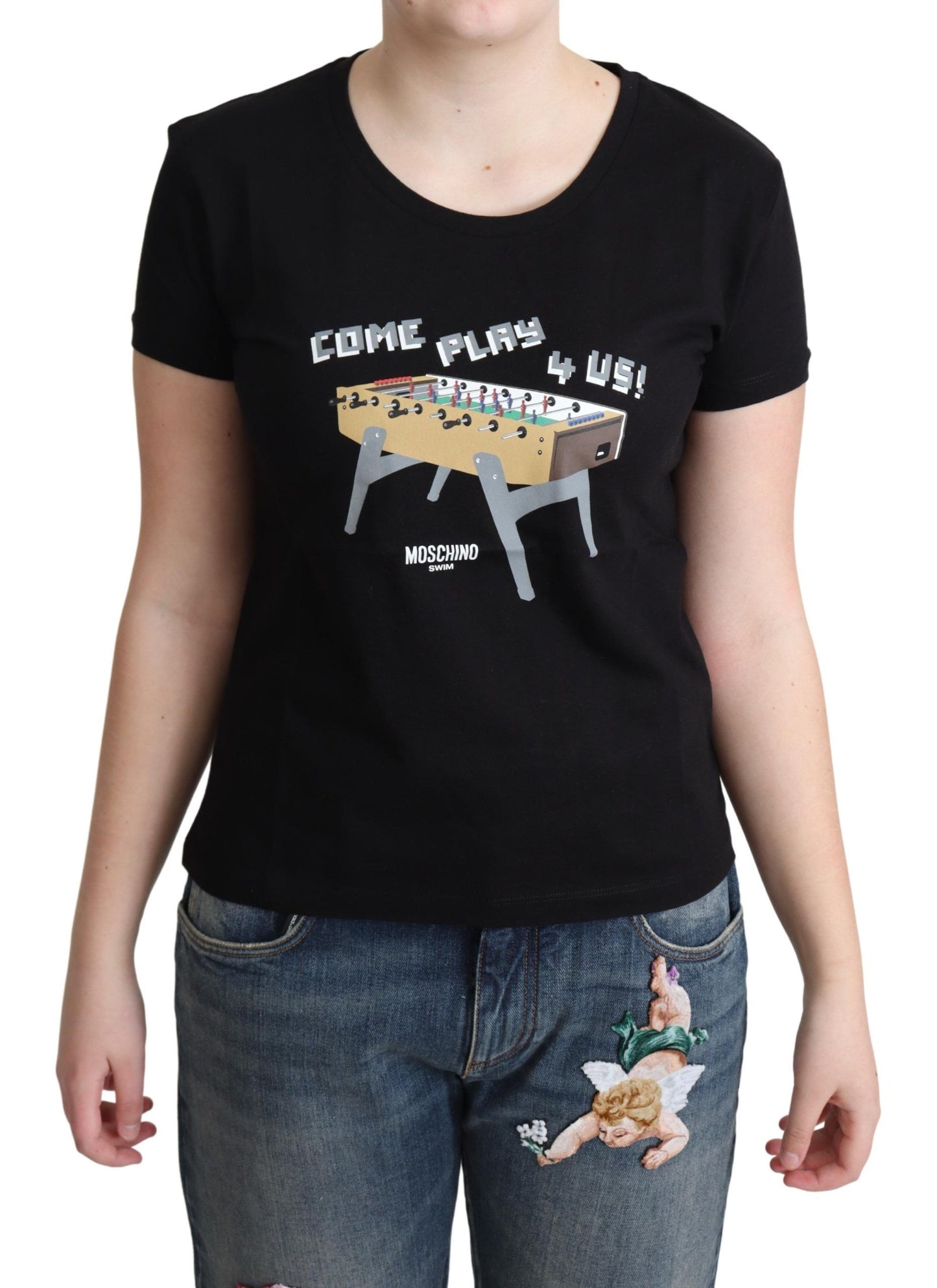 Chique zwarte katoenen T-shirt met speelse print