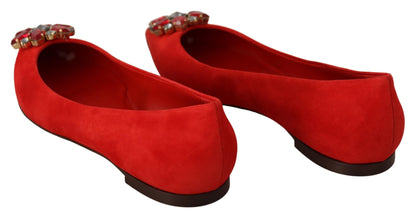 Crystal Embellished Red Suede Flats