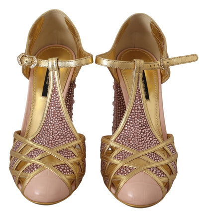 Silk-Infused Leather Crystal Pumps in Pink Gold