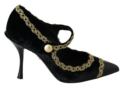 Elegante gouden geborduurde zwarte fluwelen pumps